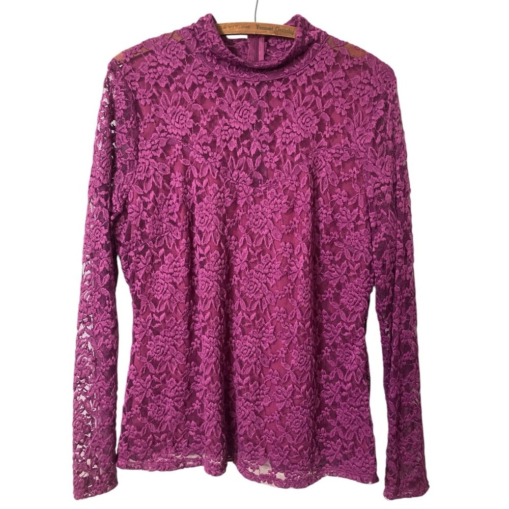 Boston Proper Top Size L Magenta Purple Pink Lace Long-Sleeve Mock Neck